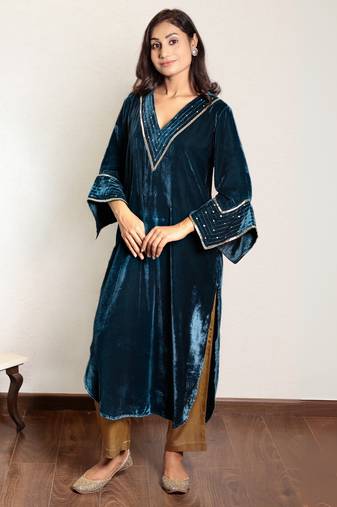 Teal hand embroidered kurta with mashru silk pants, stitched