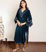 Teal hand embroidered kurta with mashru silk pants, stitched