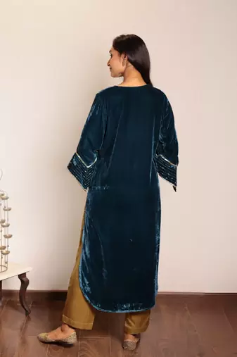 Teal hand embroidered kurta with mashru silk pants