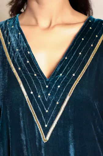 Teal hand embroidered kurta with mashru silk pants