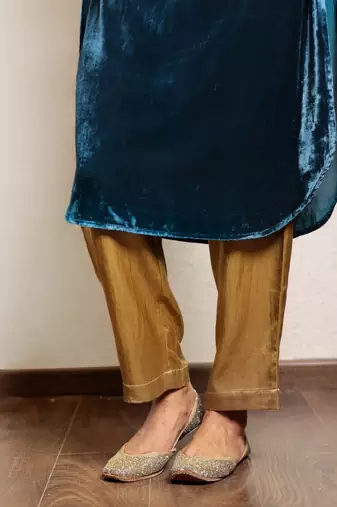 Teal hand embroidered kurta with mashru silk pants