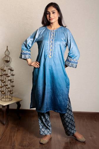 Blue ombre embroidered micro velvet kurta with printed velvet pant, stitched