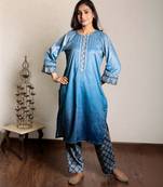 Blue ombre embroidered micro velvet kurta with printed velvet pant, stitched