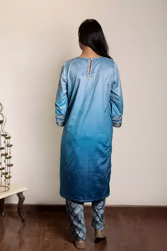Blue ombre embroidered micro velvet kurta with printed velvet pant