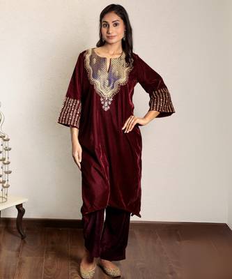 Wine embroidered velvet kurta with yoke detail and velvet pants 1