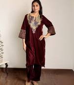 Wine embroidered velvet kurta with yoke detail and velvet pants, stitched