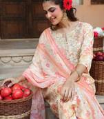 women's cream pure cotton floral printed yoke embroidered a-line kurta set