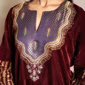Wine embroidered velvet kurta with yoke detail and velvet pants 2