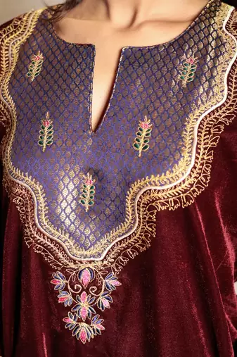 Wine embroidered velvet kurta with yoke detail and velvet pants