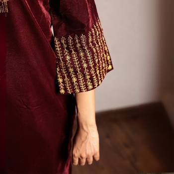 Wine embroidered velvet kurta with yoke detail and velvet pants 3