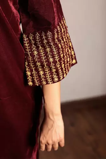 Wine embroidered velvet kurta with yoke detail and velvet pants