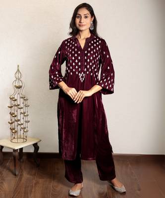 Wine embroidered velvet kurta with velvet pants 1