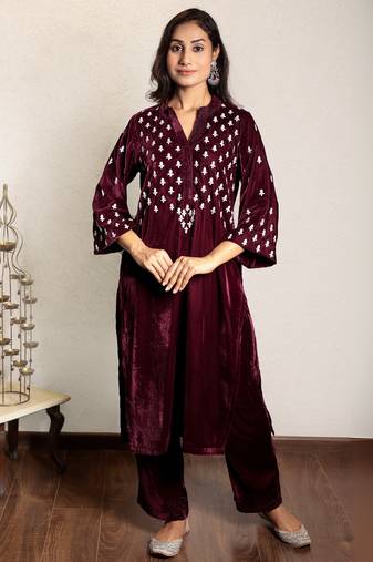 Wine embroidered velvet kurta with velvet pants, stitched