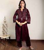 Wine embroidered velvet kurta with velvet pants, stitched