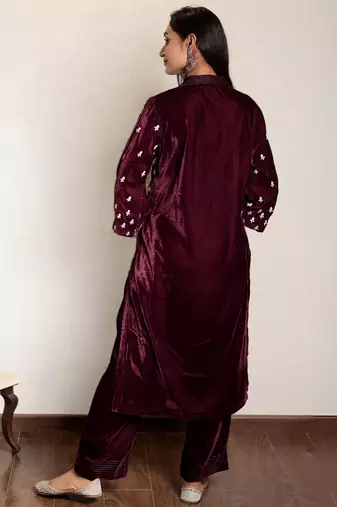 Wine embroidered velvet kurta with velvet pants