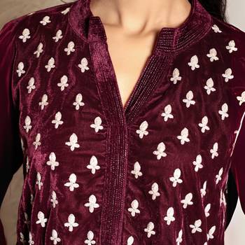 Wine embroidered velvet kurta with velvet pants 3