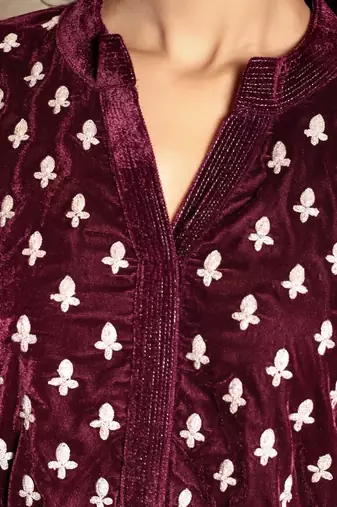 Wine embroidered velvet kurta with velvet pants