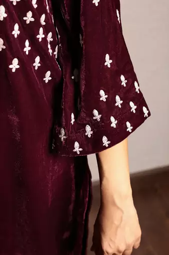 Wine embroidered velvet kurta with velvet pants