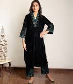 Black embroidered velvet set with pants, stitched