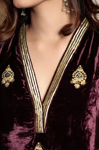 Wine embroidered velvet kurta with velvet pants and organza dupatta
