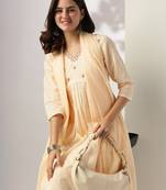 women's cream pure cotton yoke embroidered a-line kurta set