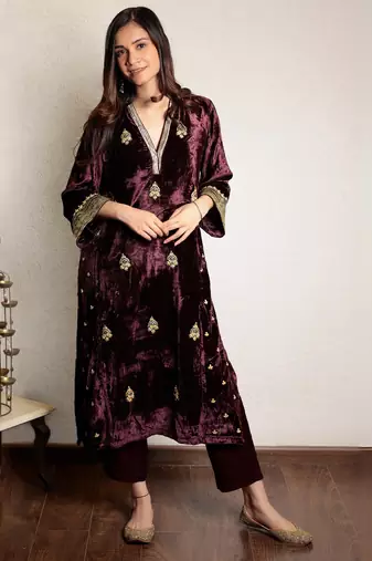 Wine embroidered velvet kurta with velvet pants, stitched