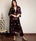 Wine embroidered velvet kurta with velvet pants, stitched