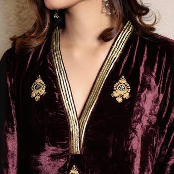 Wine embroidered velvet kurta with velvet pants 3