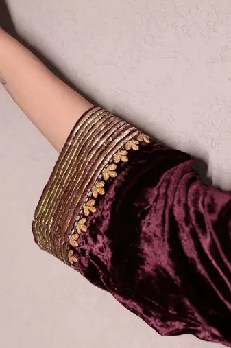Wine embroidered velvet kurta with velvet pants