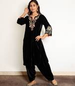 Black embroidered velvet kurta set with salwar, stitched