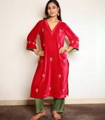 Fuschia pink hand embroidered velvet kurta with mashru silk pants, stitched