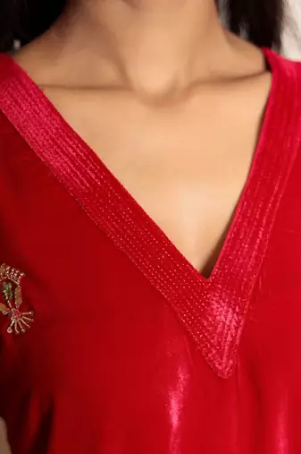 Fuschia pink hand embroidered velvet kurta with mashru silk pants