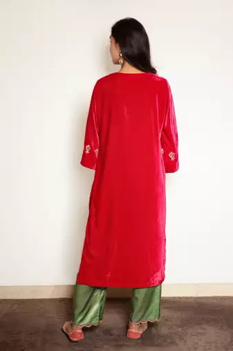 Fuschia pink hand embroidered velvet kurta with mashru silk pants