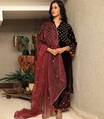 Wine embroidered silk velvet kurta set with mashru silk pants & organza dupatta, stitched