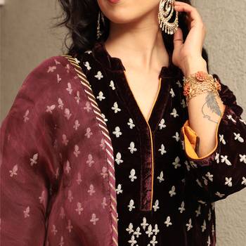 Wine embroidered silk velvet kurta set with mashru silk pants & organza dupatta 2