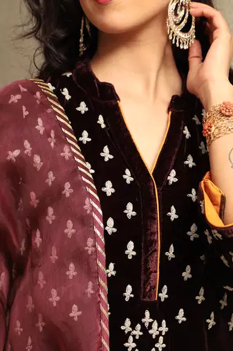 Wine embroidered silk velvet kurta set with mashru silk pants & organza dupatta