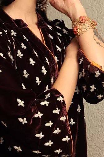 Wine embroidered silk velvet kurta set with mashru silk pants & organza dupatta