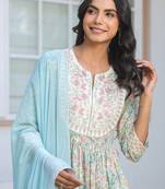 women's off white pure cotton yoke embroidered floral printed a-line kurta set