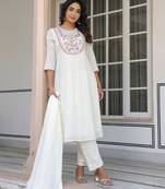 women's off white pure cotton yoke embroidered a-line kurta set