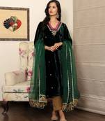 Green embroidered velvet kurta set with mashru silk pants & organza dupatta, stitched