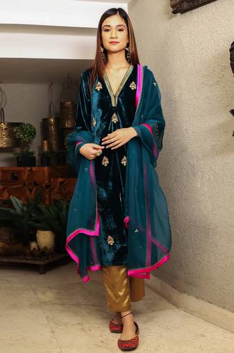 Teal embroidered velvet kurta set with mashru silk pants & dupatta, stitched