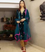 Teal embroidered velvet kurta set with mashru silk pants & dupatta, stitched