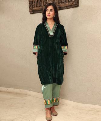 Green embroidered crushed velvet embroidered & brocade applique kurta set with mashru silk pants 1