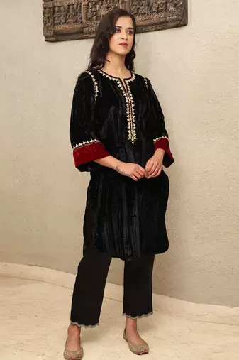 Black embroidered crushed velvet kurta set with mashru silk pants, stitched
