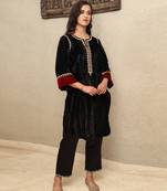 Black embroidered crushed velvet kurta set with mashru silk pants, stitched