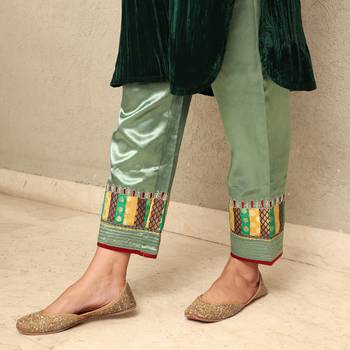 Green embroidered crushed velvet embroidered & brocade applique kurta set with mashru silk pants 4