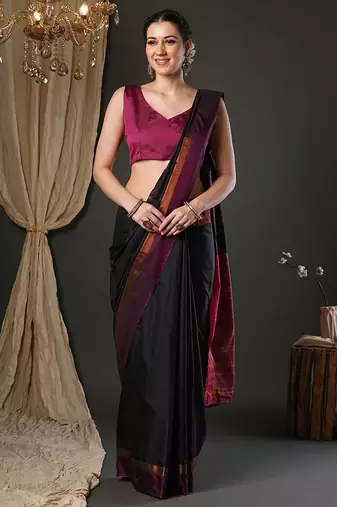 Black silk blend soft saree with contrast blouse