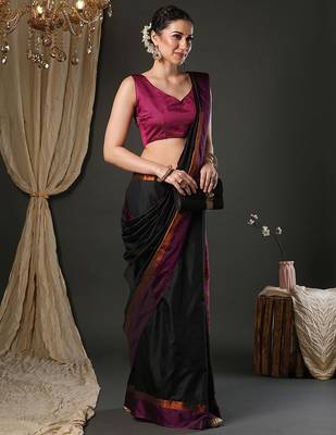 Black silk blend soft saree with contrast blouse 2