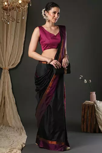 Black silk blend soft saree with contrast blouse