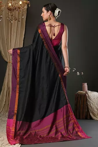 Black silk blend soft saree with contrast blouse